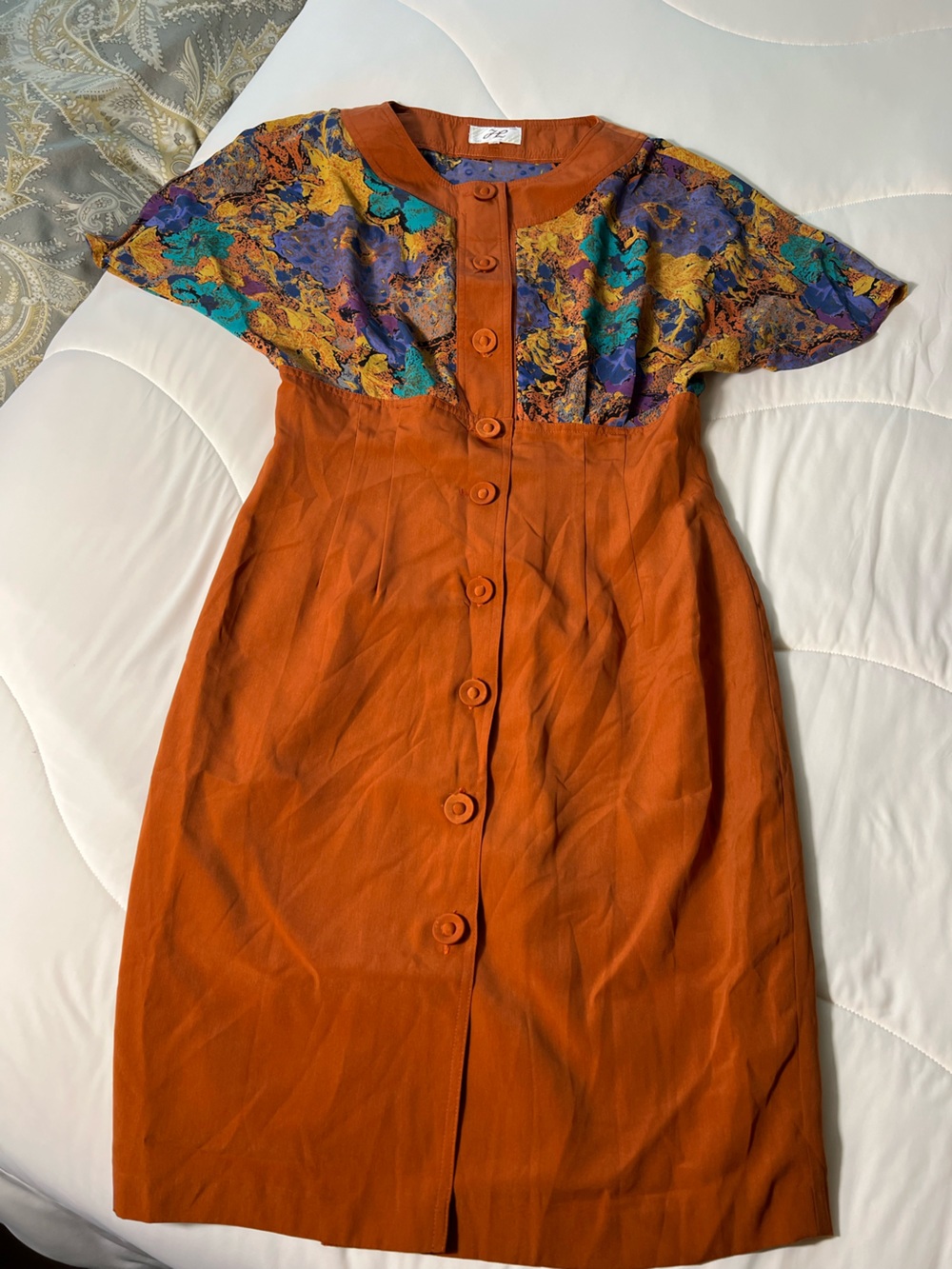 Rust Orange Button-Front Midi Skirt with Printed Waistband